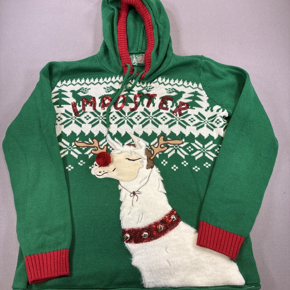 Women's Ugly Christmas Sweater IMPOSTER LLAMA Size XL Green White Knit Hoodie